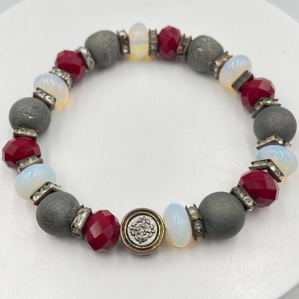 Vintage Boho Red Crystal Opalite Glass Shimmer Stone Rhinestone Stretch Bracelet